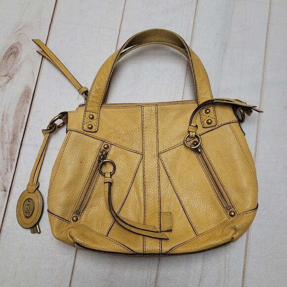 Fossil yellow mustard pebbled leather satchel bag shoulder purse - Picture 1 of 13